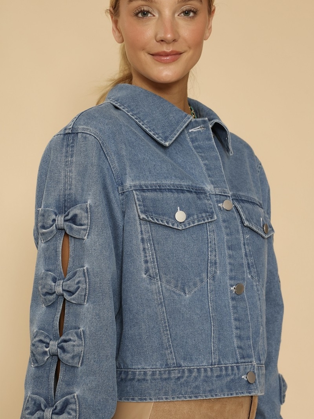 NWOT Miss Spatkling Women's Blue Denim Jacket with Bow Details